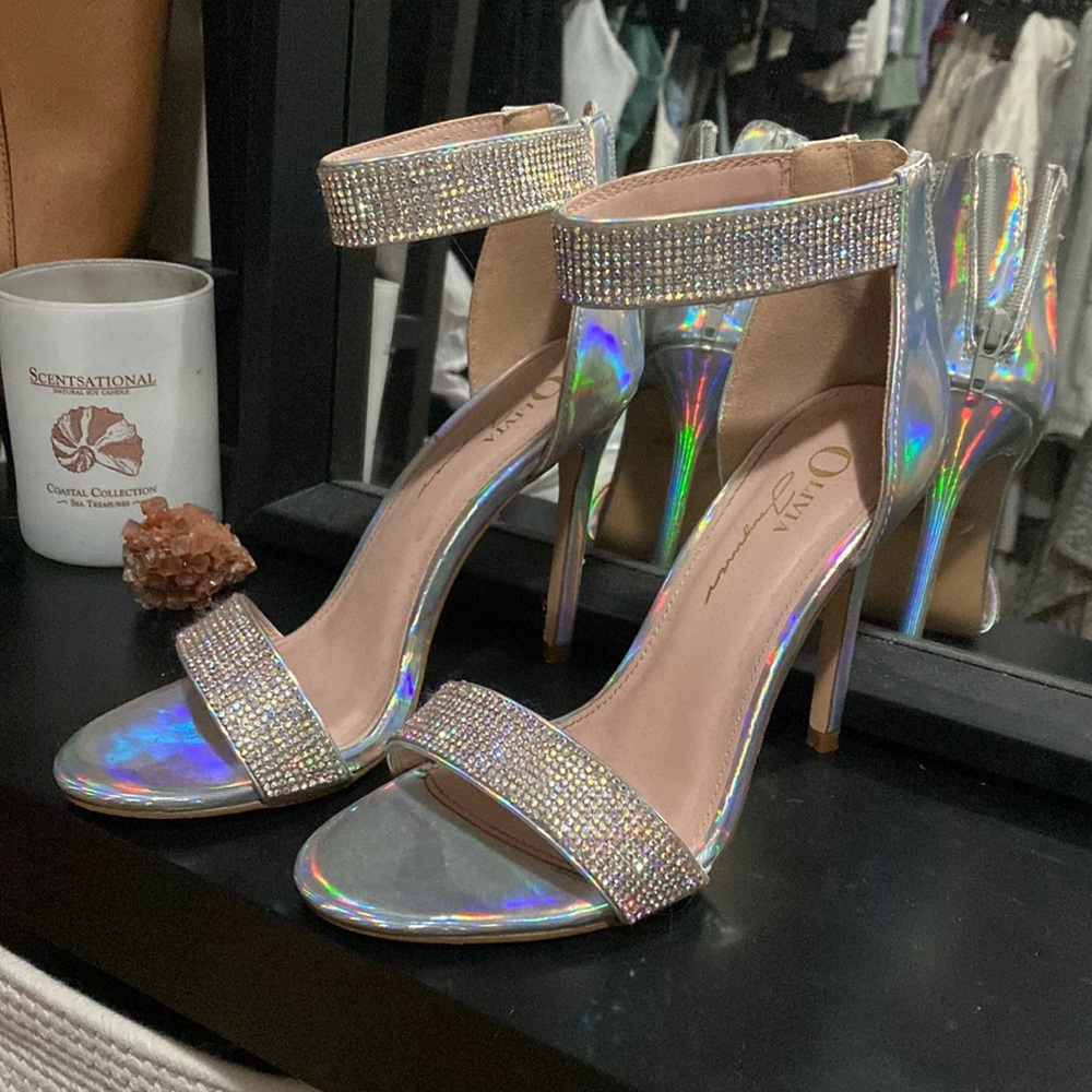 Iridescent rhinestone silver stilettos